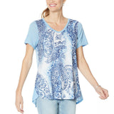DG2 by Diane Gilman Burnout Printed Embellished Top Chambray Paisley XL