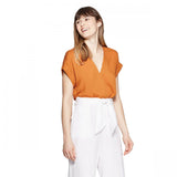 A New Day Women's Short Sleeve V-Neck Knit and Woven Top Blouse