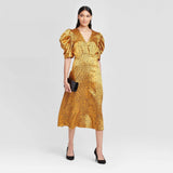 Who What Wear Women's Animal Spot Shirred Short Sleeve V-Neck Midi Dress