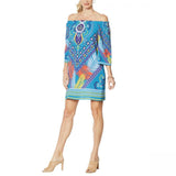 Colleen Lopez Women's Off the Shoulder Printed Shift Dress Teal Multi Large