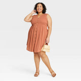 Knox Rose Plus Size Sleeveless Smocked Button-Down Dress 83895508 Brown 2X