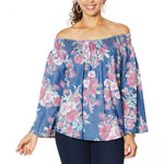 DG2 by Diane Gilman Women's Off-the-Shoulder Floral Print Chambray Top