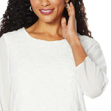 Slinky Brand 3/4-Sleeve Embroidered Sequin Tunic Blouse Ivory Large