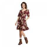 Xhilaration Floral Print V Neck Smocked Waist Mini Dress Burgundy Medium