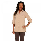 Denim & Co. Women's Roll Tab Sleeve Button Front Soft Utility Tunic Blouse