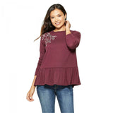 Knox Rose Women's Long Sleeve Floral Shoulder Embroidery Peplum Top