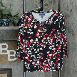 Karen Scott Petite Floral 3/4 Sleeve Split Neck Knit Henley Top