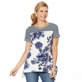 DG2 by Diane Gilman Floral and Stripe Scarf Hem T-Shirt Navy Small