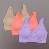 Rhonda Shear 3 Pack Seamless Bras With Lace And Back Closure Purple Multi Large