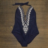 Kona Sol Crochet Trim Plunge One Piece Swimsuit Navy Medium
