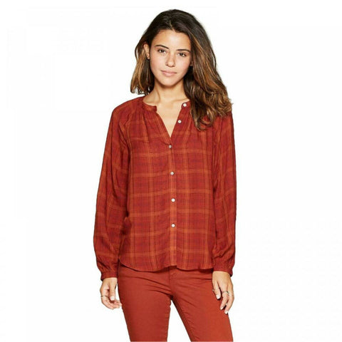 Universal Thread Plaid Long Sleeve Crewneck Button-Front Peasant Top