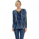 Belle by Kim Gravel Plus Camo Print Top With Ribbon Neck Trim