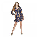Xhilaration Womens Floral V Neck Button Front Long Sleeve Dress Navy Small