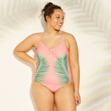 Xhilaration Plus Size Palm Print Scoop Back One Piece Swimsuit Pink 20W