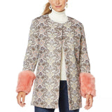 LaBellum by Hillary Scott Women's Plus Size Faux Fur Cuffs Jacquard Topper Jacket
