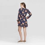 Xhilaration Womens Floral V Neck Button Front Long Sleeve Dress Navy Small