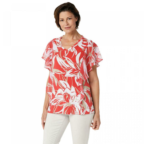 Susan Graver Women's Printed Liquid Knit Top With Chiffon Sleeves