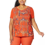 DG2 by Diane Gilman Women's Plus Size Burnout Printed And Embellished Top
