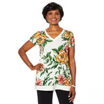 Nina Leonard Women's Floral Miracle Matte Tunic Top With Solid Trim