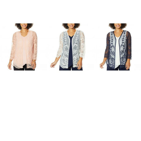 Nina Leonard Women's 3/4-Sleeve Embroidered Mesh Topper Jacket