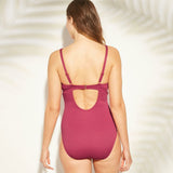 Kona Sol Women's Textured Tie Front One Piece Swimsuit Pink Small