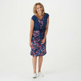 Cuddl Duds Flexwear Tie Front Midi Dress Navy / Floral Petite Plus 2X