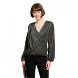 A New Day Women's Long Sleeve Shine Surplice Knit Top Black Small