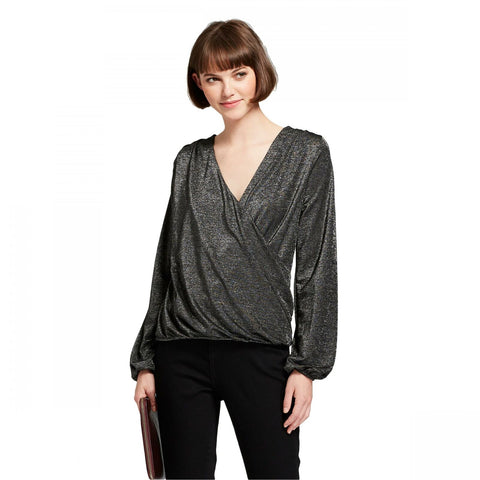 A New Day Women's Long Sleeve Shine Surplice Knit Top Black Small