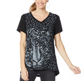 DG2 by Diane Gilman Burnout Printed Embellished Top Black Animal Small