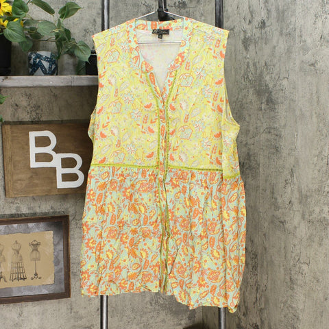 DG2 by Diane Gilman Mixed Print Button-Down Tunic Top Chartreuse 2X