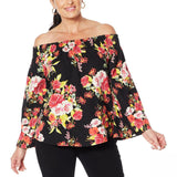 DG2 by Diane Gilman Women's Plus Size Off Shoulder Floral Print Chambray Top