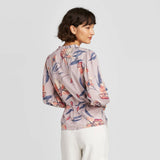 A New Day Women's Floral Print 3/4 Sleeve Tie Waist Blouse