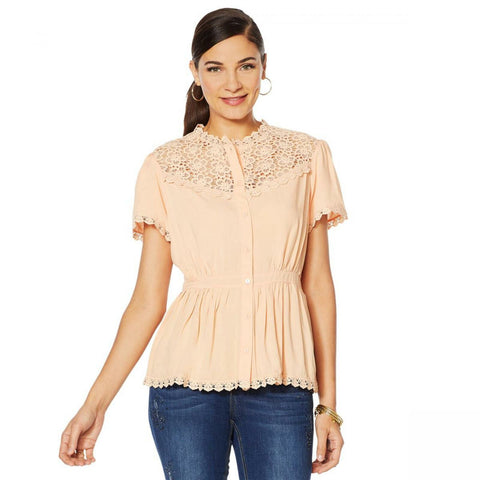 NWT LaBellum By Hillary Scott Womens Lace-Crochet Button Up Top. 638591-Plus 1X