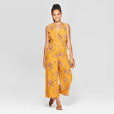 Xhilaration Floral Print Sleeveless V Neck Side Button Jumpsuit Mustard Large