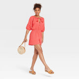 Knox Rose Women's Short Sleeve Gauze Romper Coral Pink XL