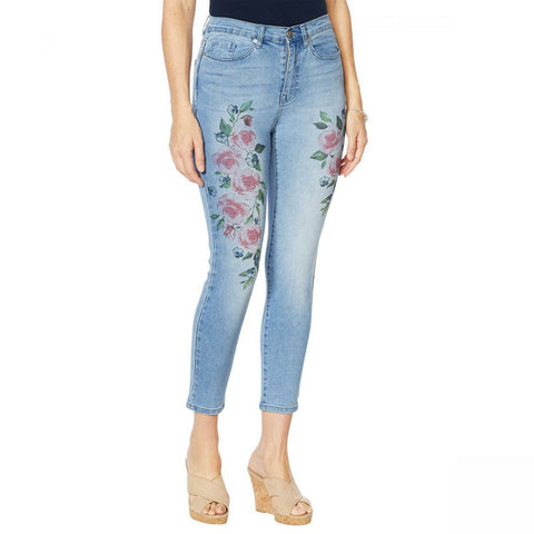 DG2 by Diane Gilman Women's Painted Floral Skinny Ankle Jeans