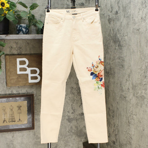 DG2 by Diane Gilman Womens Floral Applique Skinny Jeans Cream 8