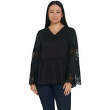 Du Jour Women's V-Neck Peplum Woven Top with Lace Bell Sleeves. A345234