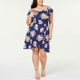 Monteau Trendy Plus Size Printed Sweetheart Dress Navy Floral 3X