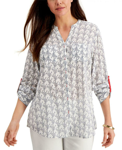 Charter Club Petite Nautical Anchor Button Up V-Neck Blouse