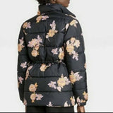 Who What Wear Womens Drawstring Puffer Coat Black Floral S