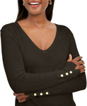 JM Collection Women's Button Cuff V-Neck Pullover Sweater