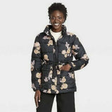 Who What Wear Womens Drawstring Puffer Coat Black Floral S