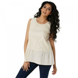 LOGO by Lori Goldstein Plus Size Lace Front Knit Back Peplum Tank Top