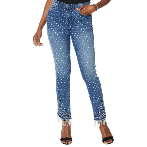 DG2 by Diane Gilman Women's Tall Stretch Embroidered Jeans With Bead Hem