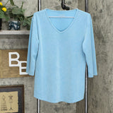 Seg'Ments Women's Essential 3/4 Sleeve V Neck Textured Knit Top Blue Large