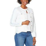 Skinnygirl Women's Collarless Fray Denim Jacket With Sleeve Stripe White Medium