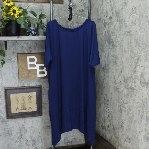 Cuddl Duds Elbow Sleeve Handkerchief Hem Dress Navy Plus 3X Petite