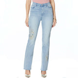 DG2 by Diane Gilman Women's Petite Peacock Embellished Boot Cut Denim Jeans