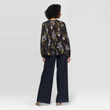 A New Day Women's Floral Print Regular Fit Long Sleeve Crewneck Pleated Blouse